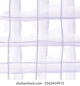 Watercolor plaid pattern with hand-drawn brush strokes forming loose, seamless grid. Soft, textured lines create a rustic, doodle-style checks design. Cottagecore, farmhouse aesthetic. Vector graphic