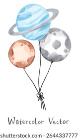 Watercolor Planet Balloons. Cute space illustration suitable for baby print, cute wallpaper or textile, decoration, and more.