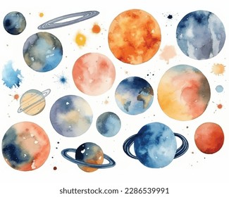 Watercolor planets of the Solar System. Mercury, Venus, Earth, Mars, Jupiter, Saturn, Uran, Neptune, Sun. Hand drawn isolated illustration on white background.
