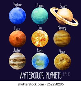 Watercolor planets. Sun, Mercury, Venus, Earth, Mars, Jupiter, Saturn, Uranus, Neptune. Vector design elements 