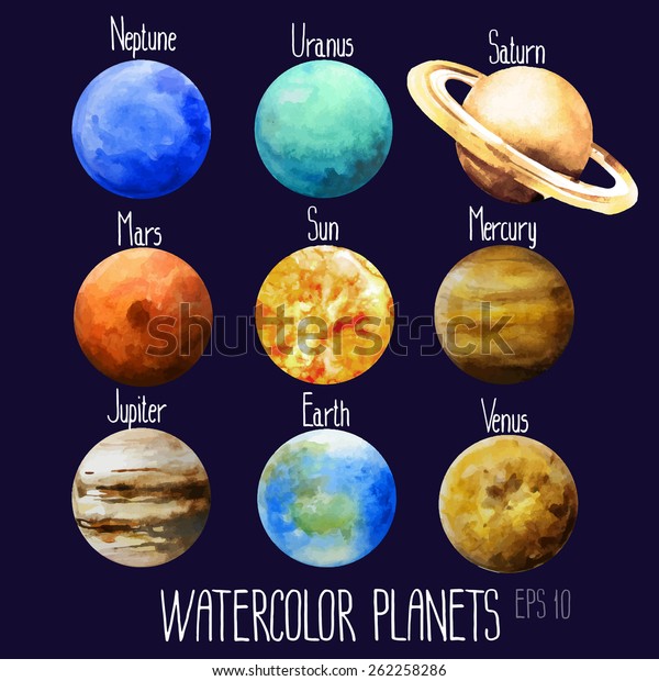 Aquarellplaneten Sonne Merkur Venus Erde Mars Stock Vektorgrafik Lizenzfrei