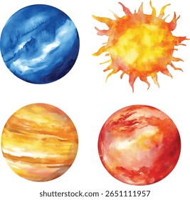 Watercolor Planets and Sun Set vector illustration