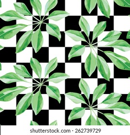 watercolor plant pattern, black and white background