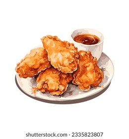 Watercolor plate of fried chicken isolated on white background vector.