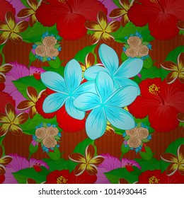 Watercolor plumeria flowers seamless pattern in red, blue and orange colors. Vector romantic background for web pages, wedding invitations, textile, wallpaper.