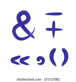 Watercolor plus , parentheses, quotation marks, ampersand, minus, comma.  Vector illustration. Isolated. Punctuation marks