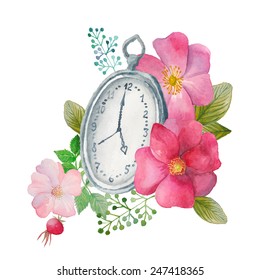 Watercolor pocket watch with rose hip flowers and berries. Vector vintage illustration. Hand drawn botanical artwork