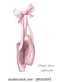 Watercolor pointe shoes with ribbon bow. Hand drawn art work isolated on white background. Vector pastel ballerina shoes hanging. Girl dance print