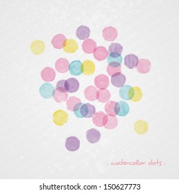 Watercolor Polka Dot Background. Abstract Grunge Vector Composition. Multicolor Splashes Texture. Bright Splashes On Grey Background