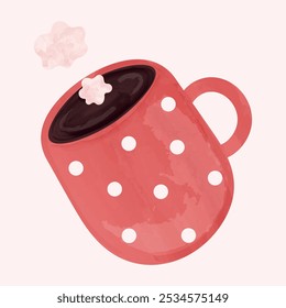 Watercolor polka dot cup with steam on beige background. Hand-drawn illustration. Vector illustration.