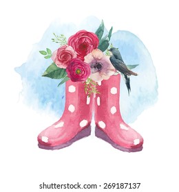 Watercolor polka dot rubber boots with flowers and bird. Vintage spring illustration with gumboots, roses, anemone and ranunculus bouquet, swallow and splash background. Vector art