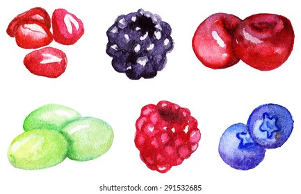 Watercolor Pomegranate Blackberry Cherry Grape Raspberry Blueberry Set Vector Isolated