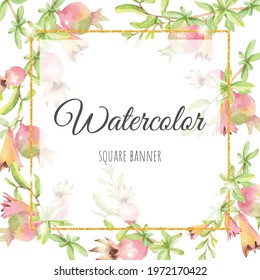 watercolor pomegranate fruit branch with gold glitter frame square banner background