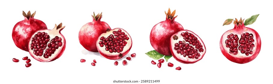 Watercolor pomegranate set png. Ripe pomegranate fruits watercolor on transparent background. Oriental and tropical fruits watercolor. Vector illustration.