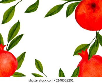Watercolor pomegranate wallpaper . Tropical exotic pomegranate and green leaves pattern for backdrop, invitation, flyer, paper, wrapping, card, poster, invitation, menu, print, craft, recipe design. 