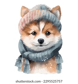 Watercolor Pomsky Puppy With Cotton Scarf