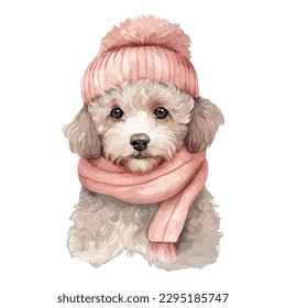 Watercolor Poodle Puppy With Pink Cotton Hat, and Scarf