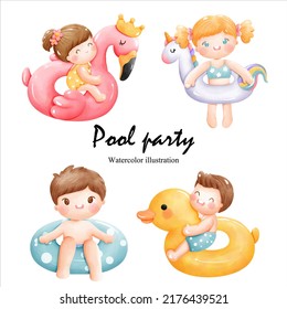 Watercolor pool party with cute children. vector illustration