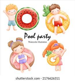 Watercolor pool party with cute children. vector illustration