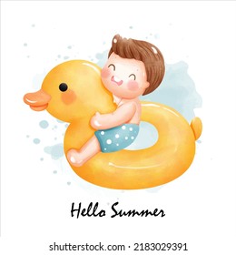 Watercolor pool party with cute children. vector illustration