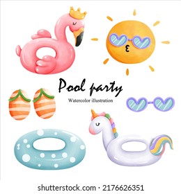 Watercolor pool party with inflatable. vector illustration