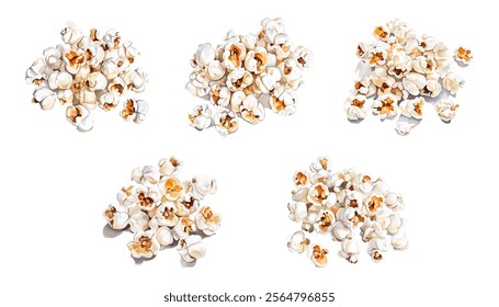 Watercolor popcorn set png. Popcorn snack, watercolor pop corn on transparent background. Snack concept for cinema, viewing, etc. Vector illustration.