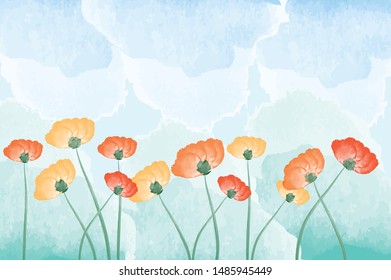 Watercolor of Poppies flowers with blue sky