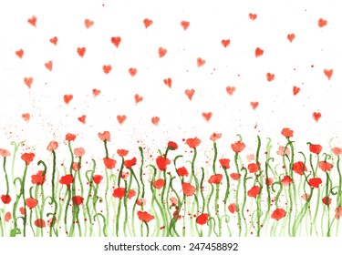 Watercolor poppies with hearts. Vector