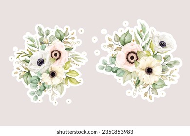 Watercolor Poppy anemone bouquet and branches illustration