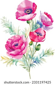 Watercolor poppy flower. Pink flowers with leaves and berries isolated on white. Hand painted artwork with petals. wedding book design