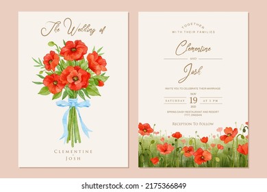 Watercolor poppy flowers hand bouquet landscape set wedding invitation template