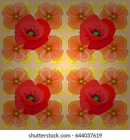 Watercolor poppy flowers seamless pattern on a beige background. Vector romantic background for web pages, wedding invitations, textile, wallpaper.