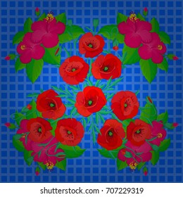 Watercolor poppy flowers seamless pattern on a blue background. Vector romantic background for web pages, wedding invitations, textile, wallpaper.
