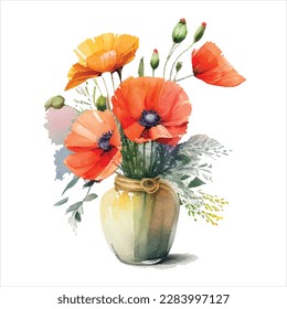 Watercolor Poppy flowers in vase, isolated on white background