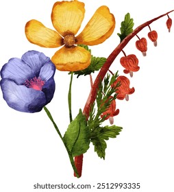 Watercolor Poppy Illustration. Wild Flower. Poppy Flower. Watercolor Flower