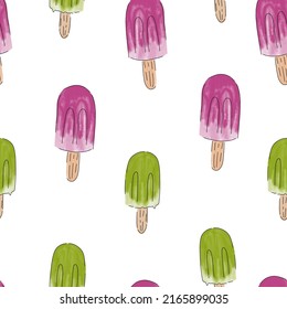 Watercolor popsicle ice cream seamless pattern. Ice cream summer fruit ice. Cold sweets. Vector illustration isolated on white background.