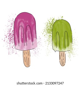 Watercolor popsicle ice cream. Ice cream summer fruit ice. Cold sweets. Vector illustration isolated on white background.