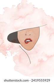 watercolor portrait of an abstract girl wearing veil, realistic lips. girl biting her lips. illustration. modern fashion wall art. wallpaper. wall portrait. Continuous lne art face portrait.