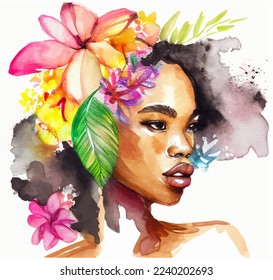 Watercolor portrait of black woman vector illustration, with tropical flowers in the hair, african american beautiful young girl with floral decorations hairstyle