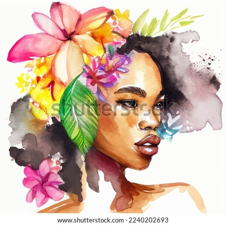 Watercolor portrait of black woman vector illustration, with tropical flowers in the hair, african american beautiful young girl with floral decorations hairstyle