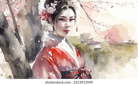 Watercolor portrait of a geisha standing near Sakura trees.