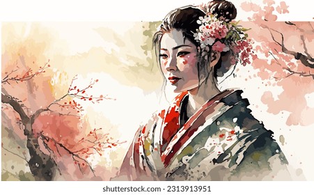 Watercolor portrait of a geisha standing near Sakura trees.