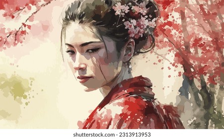 Watercolor portrait of a geisha standing near Sakura trees.