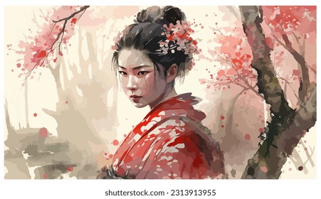 Watercolor portrait of a geisha standing near Sakura trees.