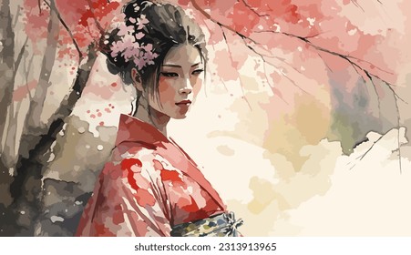 Watercolor portrait of a geisha standing near Sakura trees.