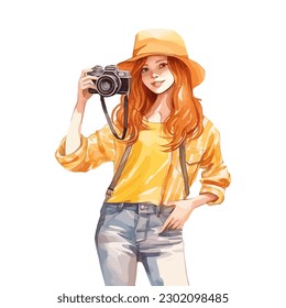 Watercolor Portrait of a Girl with a Hat, Camera, and Stylish Summer Look, Holding camera with one hand