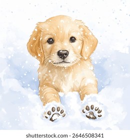 Retrato aquarela de um cachorrinho golden retriever, vista frontal, com neve em seu pelo e patas, criando uma cena fofa e lúdica.