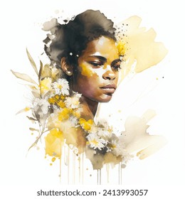 Watercolor portrait of latinoamerican woman with yellow flowers in the hair vector art, latina beautiful young girl with floral decorations hairstyle