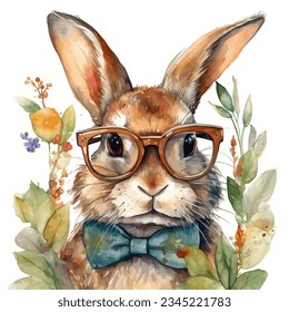 Watercolor portrait of rabbit. Hand drawn illustration. Funny hare with glasses