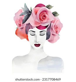 Watercolor portrait of woman with flowers on head, wreath from roses and peonies, vector